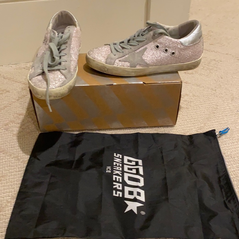 Golden Goose pink glitter with gray suede. Box and dust bag included.